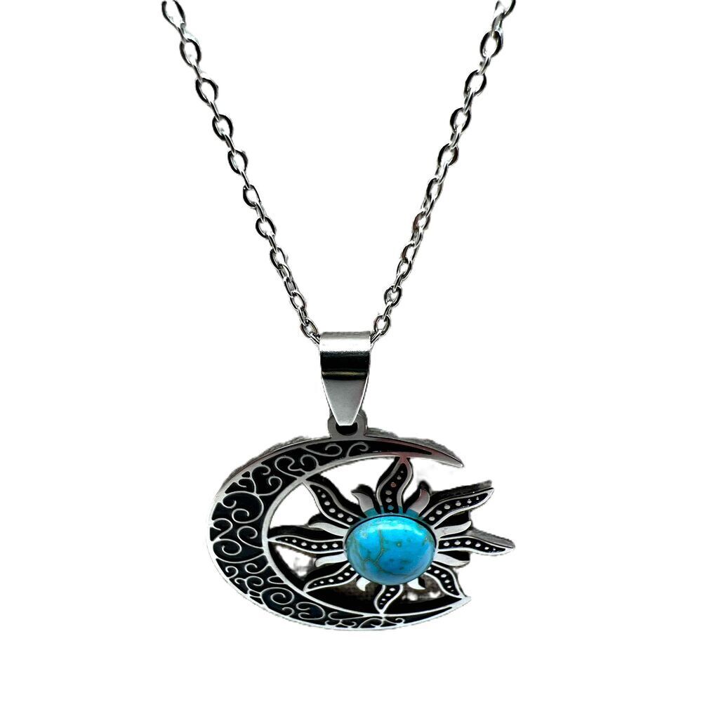 NEW Faux Turquoise Silver Chain Sun And Moon Pendant Necklace - Picture 5 of 9